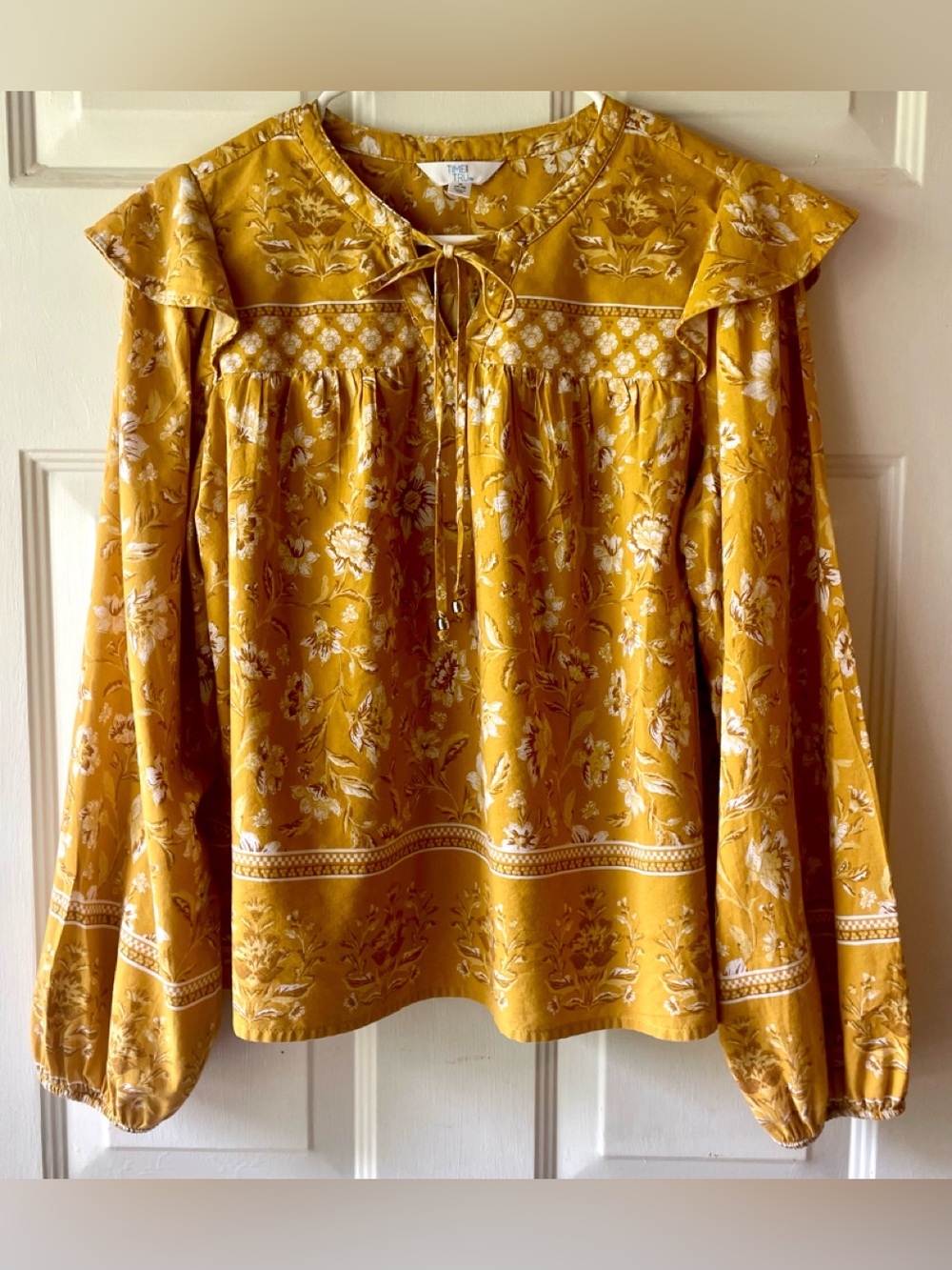 Time and Tru Autumn Gold White Boho Floral Long Sleeve Peasant Blouse Small 4 6